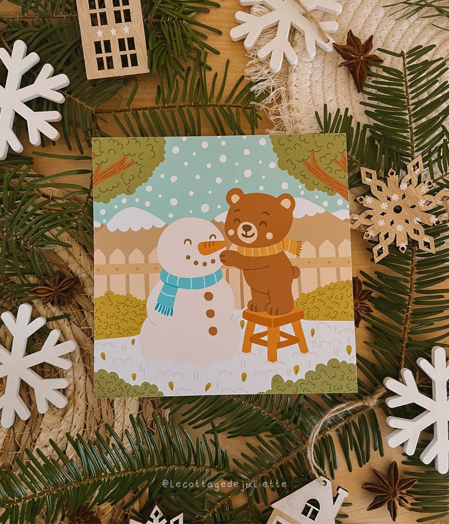 Illustration "L'ourson et son bonhomme de neige"