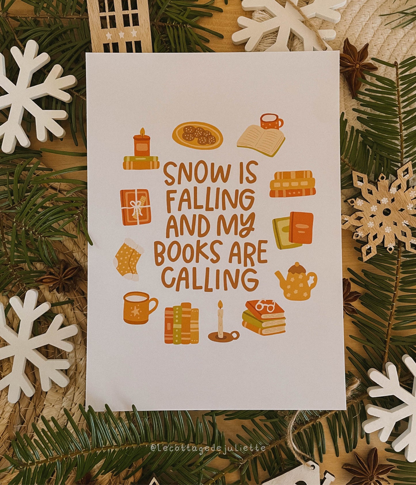 Illustration "Snow is falling and my books are calling"